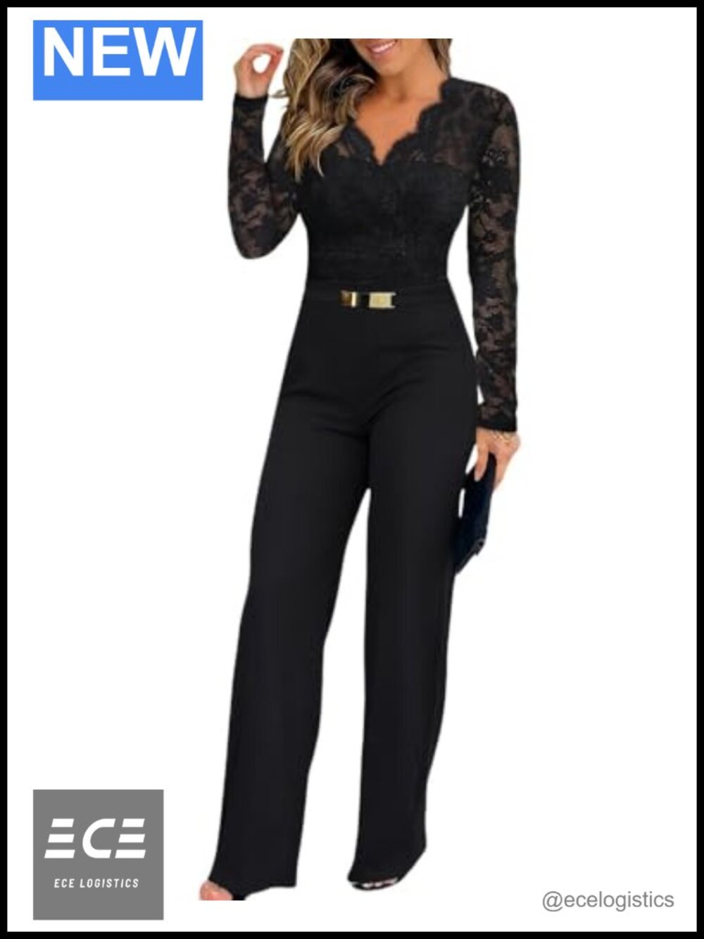 CHICME Lace Jumpsuit Long Sleeve V-Neck Straight Leg Women Dressy